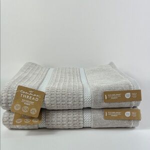 Common Thread Bamboo Bath Towels Velour Cotton Tan White Stripe Set of 2 NEW